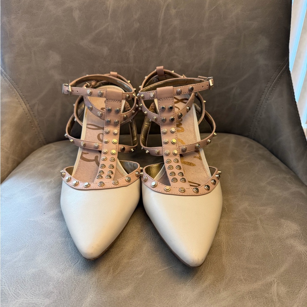 Sam Edelman Blush and Cream Studded T-Strap Kitten Heel - Picture 2 of 8